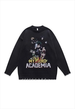 Academia sweater knitted distressed Anime print jumper black
