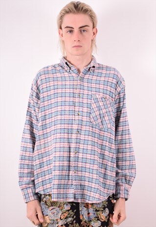 MENS VINTAGE FLANNEL SHIRT LARGE BLUE CHECK 90S