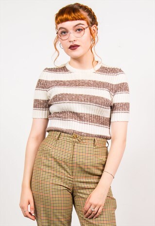 VINTAGE 70'S BEIGE RIBBED KNIT TOP T-SHIRT