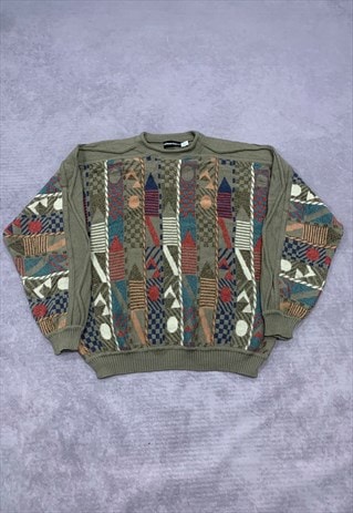 VINTAGE KNITTED JUMPER ABSTRACT 3D PATTERNED GRANDAD SWEATER