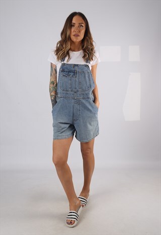VINTAGE DENIM DUNGAREE SHORTS UK 12 MEDIUM (HD1U)
