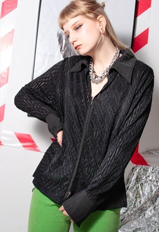 90S GRUNGE Y2K GOTH TEXTURED SEE THROUGH SHEER BLACK SHIRT