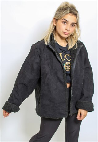VINTAGE SHEARLING COAT FAUX FUR LINED JACKET IN BLACK M/L