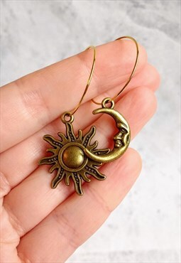 Celestial Sun and Moon Hoop Earrings Bronze