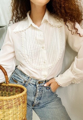 RARE VINTAGE 40S LUXE MILKMAID PLEATED BLOUSE TOP SHIRT