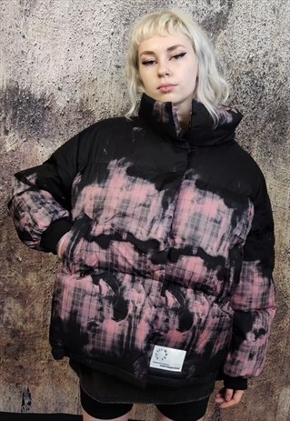 TARTAN PRINT BOMBER GRADIENT CHECK GRAFFITI JACKET IN PINK