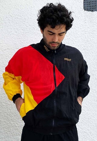 VINTAGE 80S SPEEDO BLACK YELLOW RED RAVE BOMBER JACKET