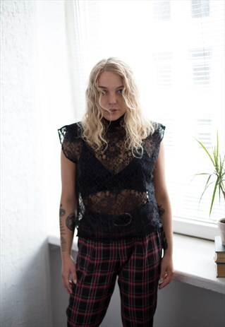 VINTAGE 80'S BLACK LACE HIGH COLLAR TOP