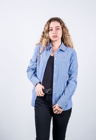 TOMMY HILFIGER VINTAGE 1990S BLUE AND WHITE STRIPED SHIRT