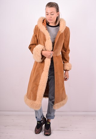 WOMENS VINTAGE LEATHER COAT MEDIUM BEIGE 90'S