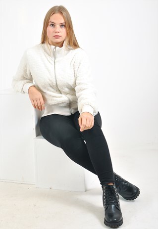VINTAGE FLEECE TEDDY BEAR TRACK JACKET IN WHITE