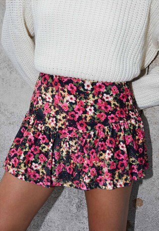 VELVET CULOTTES SHORTS IN FLORAL PATTERN - FUCHSIA, GREEN