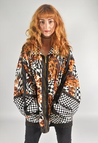 VINTAGE LEOPARD PRINT CHECKERED SILKY BOMBER JACKET