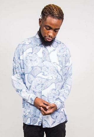 VINTAGE 90'S BLUE PAISLEY PATTERN LONG SLEEVE SHIRT