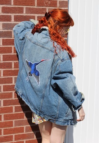 VINTAGE 90S BLUE OVERSIZED DENIM JACKET RED SEQUIN BIRD