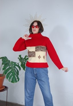 Vintage y2k turtleneck rave knitted crochet jumper in red