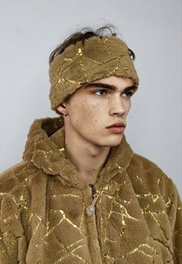 Fleece headband luxury fluffy head cover golden foil brown