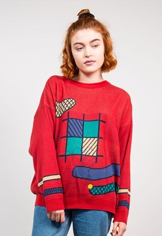 VINTAGE 90'S RED ABSTRACT GRANDAD KNIT JUMPER
