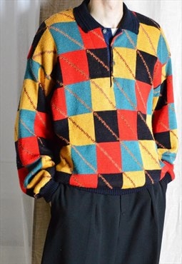 Vintage 80s Colorful Check Wool Blend Windproof Golf Jumper