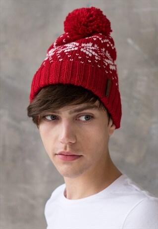 SNOWSTAR BEANIE HAT FAIR ISLE KNITTED WINTER SKI BOBBLE RED