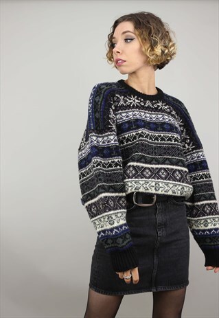 VINTAGE 80S 90S OVERSIZED PATTERNED KNIT JUMPER WOOL