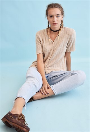 90'S RETRO NEUTRAL BEIGE KNIT MOMS TOP