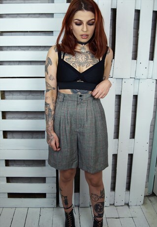 FINE DOG TOOTH PRINT HIGH WAISTED WOOL CHECKED SHORTS