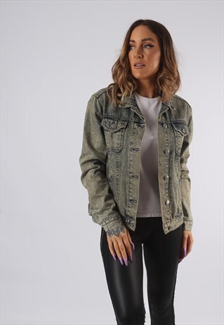 VINTAGE DENIM JACKET MOTO DIRT WASH UK 10 SMALL (5AH)
