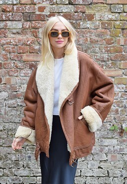 Vintage Shearling Aviator Flying Jacket in Tan Brown Leather
