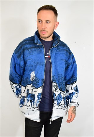 VINTAGE 90S BLUE WOLF PRINT FLEECE JACKET
