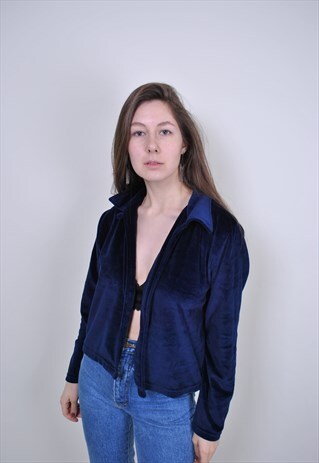 VINTAGE BLUE EVENING BLOUSE, 80S VELVET WOMEN SHIRT