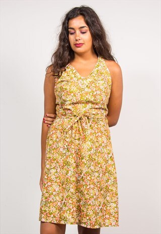 70'S VINTAGE FLORAL PATTERN CROSS BACK HIPPIE MIDI DRESS