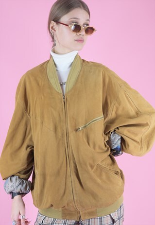 VINTAGE LEATHER JACKET BOMBER IN CAMEL BEIGE WITH ZIPPERS