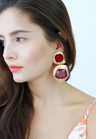 RED GOLD STONE DROP DANGLE EARRINGS