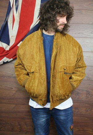 VINTAGE SUEDE LEATHER LINED BOMBER JACKET . LARGE , BROWN