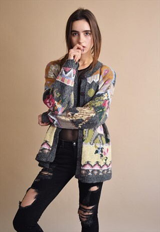 80'S RETRO EASTERN PATTERN MOM'S KNITTED CARDIGAN