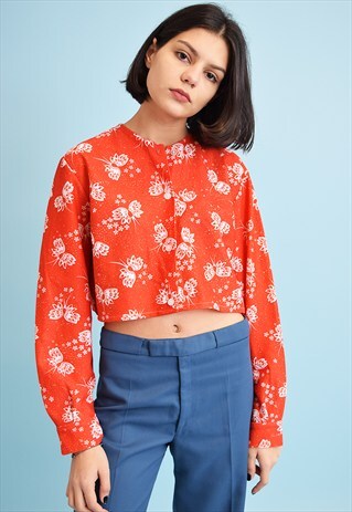 70'S MOD BOHO FESTIVAL ABSTRACT FLORAL PRINT CROP TOP SHIRT