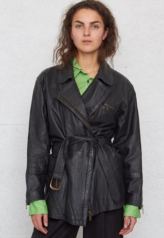 VINTAGE BLACK LEATHER TRENCH JACKET