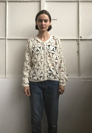 VINTAGE 80' BEAUTIFUL CUTE CREAM FLOWER CARDIGAN JUMPER