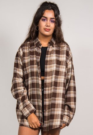 VINTAGE 90'S BROWN CHECKED LONG SLEEVE FLANNEL SHIRT