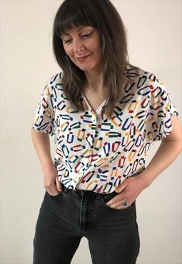 Vintage 80s White Abstract Blouse