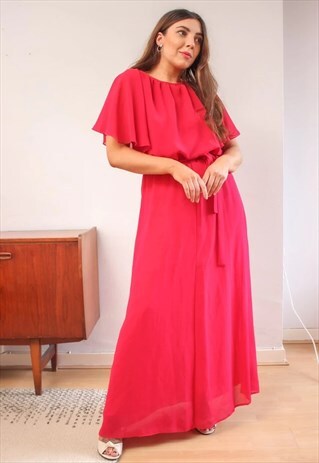 VINTAGE 70S REVIVAL ANGEL SLEEVE MAXI DRESS IN FUCHSIA
