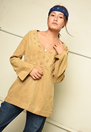 VINTAGE 90'S RETRO ETHNIC BOHO FAUX SUEDE TUNIC TOP