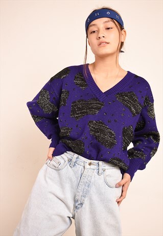 80'S RETRO SHIMMER JAZZY ABSTRACT GRAPHIC KNIT JUMPER