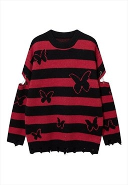 Striped sweater butterfly print jumper cutout elbow punk top