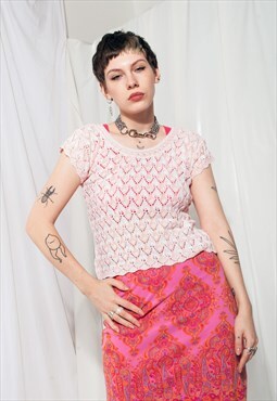 Vintage Lace Top 90s Crochet Tee in Pastel Pink