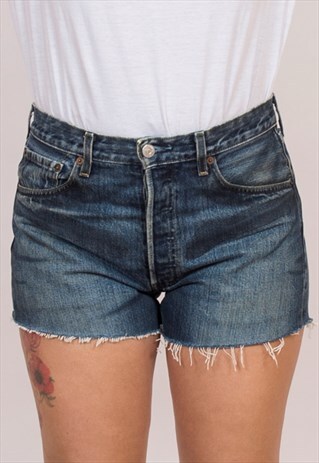LEVI'S 501 BLUE DENIM HIGH WAISTED SHORTS 14