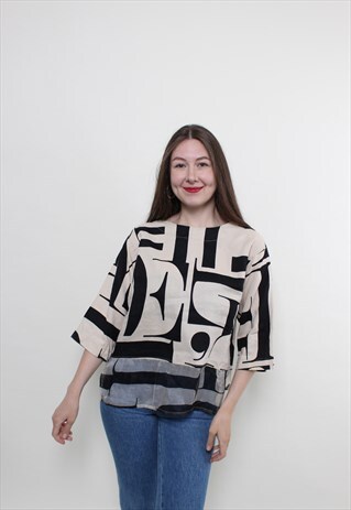 Vintage 90s linen blouse, oversized pullover blouse printed