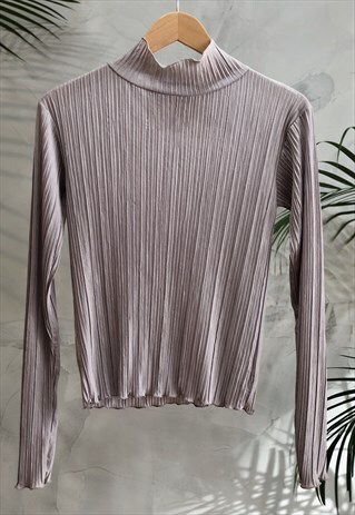 BEIGE MICRO PLEATED MOCK NECK LONG SLEEVED TOP