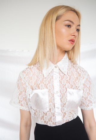 VINTAGE WHITE SEMI SHEER LACE SATIN POCKET BLOUSE